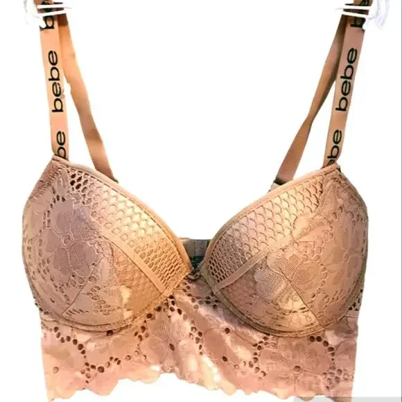 bebe Bustier 38C Lace Fringe Bra CHAMPAGNE DUSK Lace Trim Edge w Sporty Straps - Picture 1 of 13
